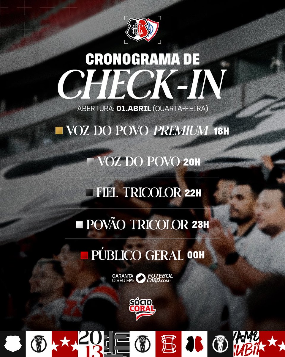 VAMOS JUNTOS, NAÇÃO! 🐍🔥

O check-in já está liberado para a estreia contra o Itabaiana, na segunda-feira (6), às 20h, na Arena de Pernambuco. É o primeiro passo na caminhada pelo acesso à Série B. 

À 00h, abre a venda de ingressos para o público geral. 🎟️

🔗:
