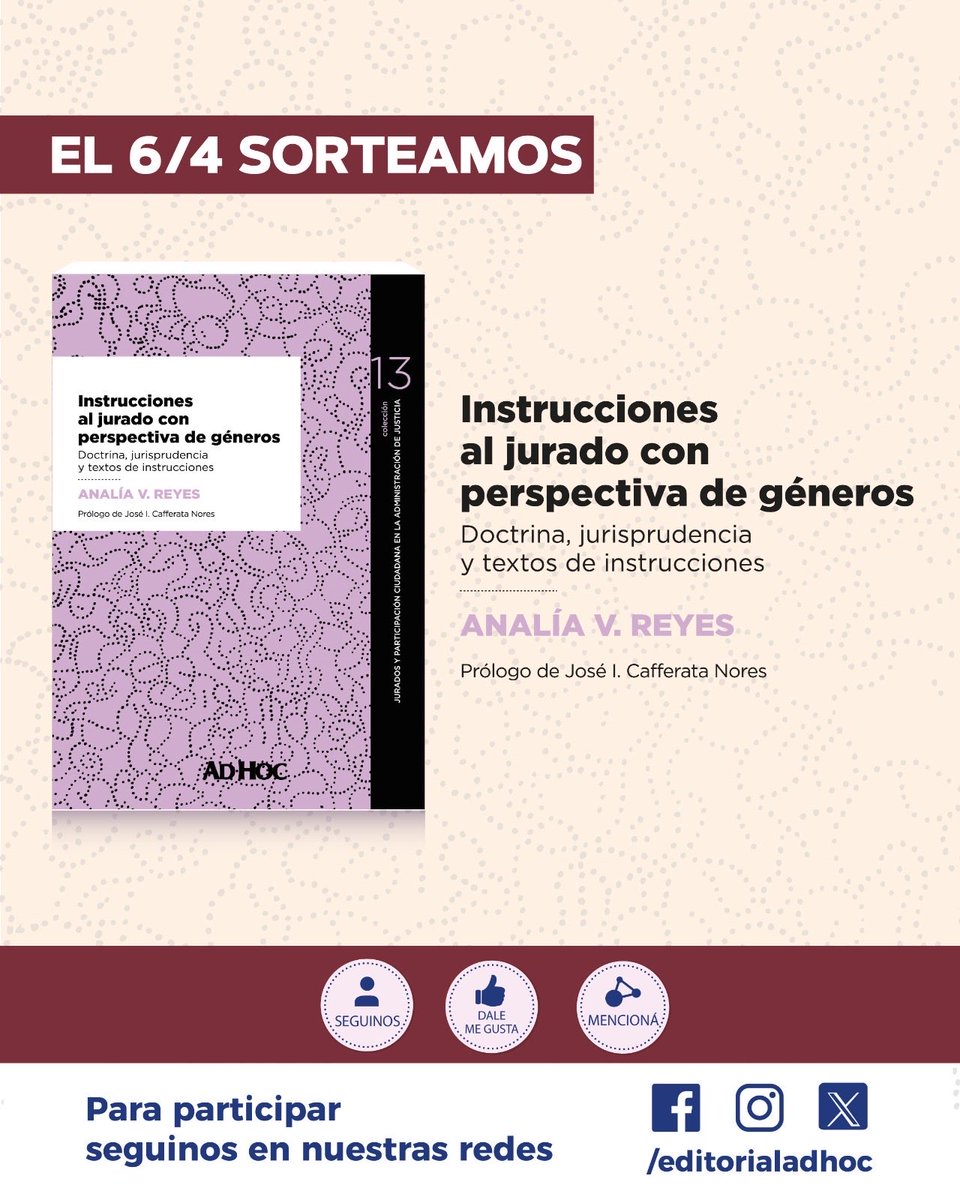 ¡Nuevo sorteo en <a href="/editorialadhoc/">Editorial Ad-Hoc</a> ! En esta oportunidad sorteamos el libro "Instrucciones al jurado con perspectiva de géneros” de Analía V. Reyes.

➡️ Les dejamos el link del sorteo y enterate cómo participar: bit.ly/4tmIMOf