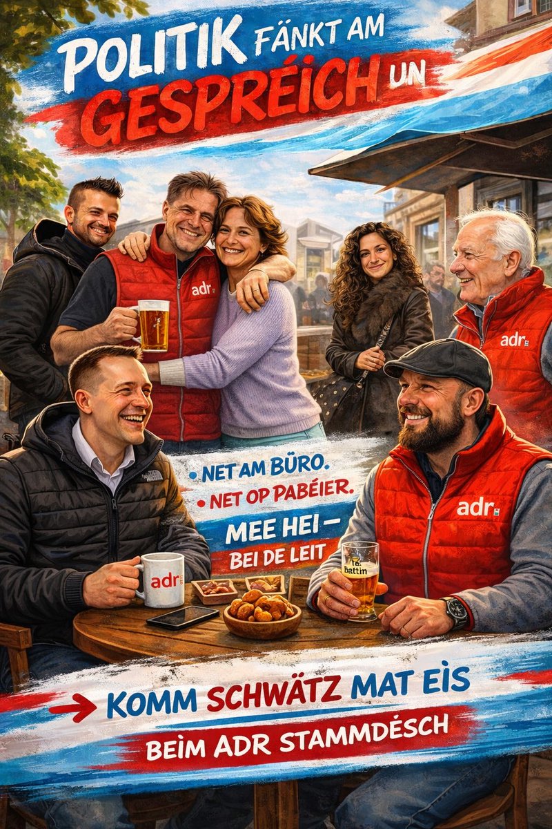 ASuessem's tweet photo. Zäit fir richteg Gespréicher 👇

👉 Stammdësch ADR Suessem
📍 Café Free Time – Belvaux
📅 8. Abrëll · 🕢 19:30

Politik fänkt am Gespréich un
👉 Komm laanscht a schwätz mat eis

🍻 Eppes drénken &amp; iessen ass och dobäi 😉

#WellMirEisGemengGärHunn #adr #ADRsuessem https://t.co/NLsY72RY45