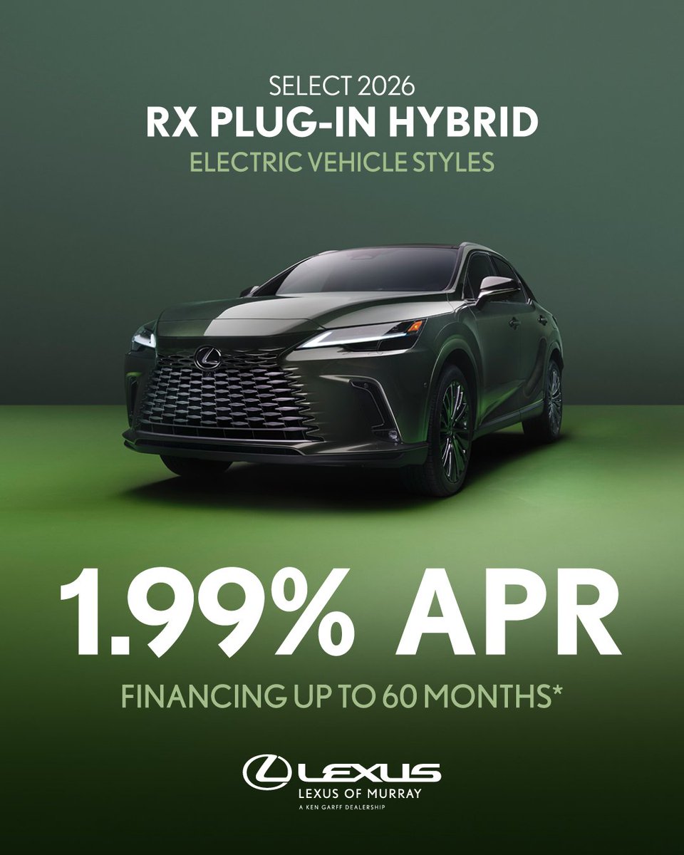 lexusofmurray's tweet photo. Drive into the future with the 2026 RX Plug-In Hybrid. Enjoy luxury and sustainability at just 1.99% APR financing for up to 60 months*.

Shop now: https://t.co/5lWpYpno7X

*See dealer for details. https://t.co/nWJkDUq6HM