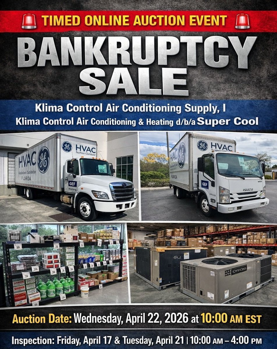 MoeckerAuctions's tweet photo. Bankruptcy Auction | Klima Control Air Conditioning Supply, I
HVAC equipment, trucks and so much more! Catalog available! https://t.co/LNfzG7sj1T https://t.co/AcPk4LuQbr