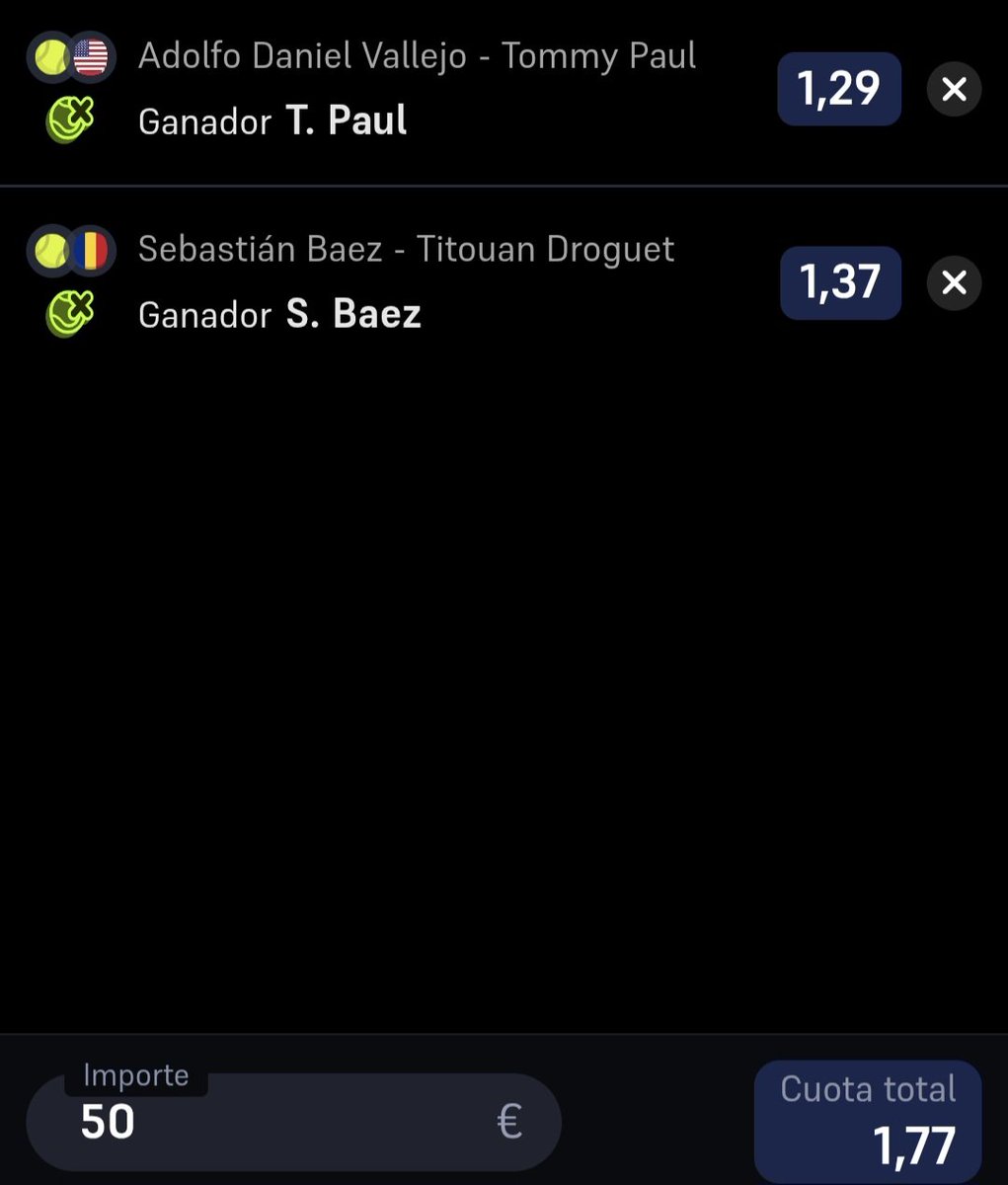 🎾 ATP Houston + Bucarest
▶️Stake: 3
📌Cuota: 1.77

Confío en la superioridad de Tommy Paul ante Vallejo, mucha diferencia de nivel y experiencia. Báez debería imponerse a Droguet por consistencia desde el fondo. No es una locura de cuota, pero se ve bastante sólida 👀