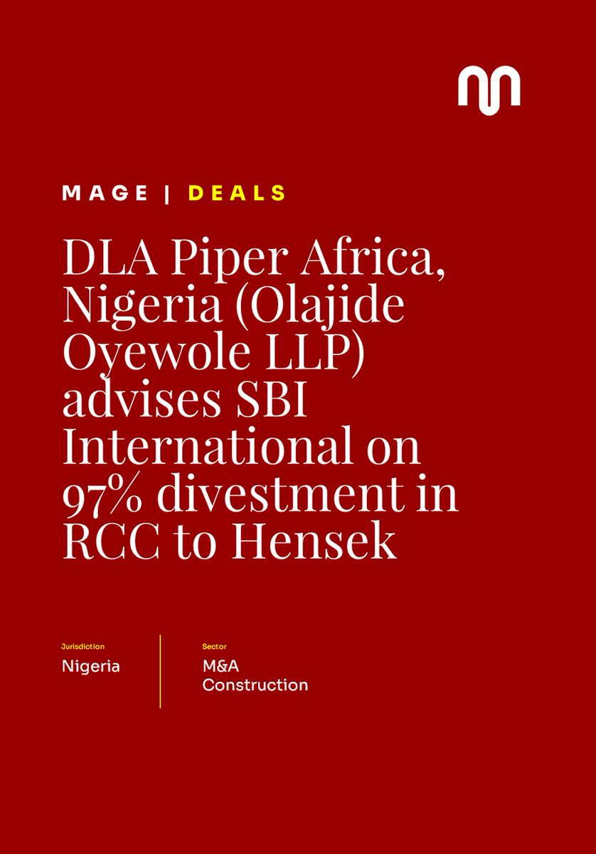 MageAfr's tweet image. DLA Piper Africa, Nigeria (Olajide Oyewole LLP) has advised SBI International Holdings AG on its successful 97% equity divestment in Reynolds Construction Company (Nigeria) Limited (RCC) to Hensek Integrated Services Limited. 
#Mage #Law #Construction #MergersandAcquisitions