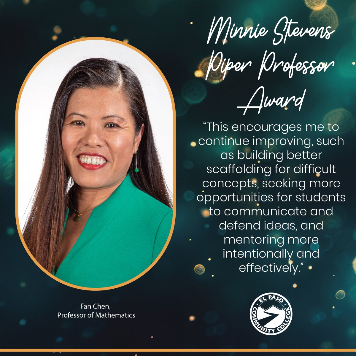 EPCCNews's tweet photo. EPCC would like to congratulate this year's Minnie Stevens Piper Professor Award winner, Fan Chen. Thank you for your tireless effort and support of EPCC! #EPCCpride https://t.co/WFaZ30m4E6