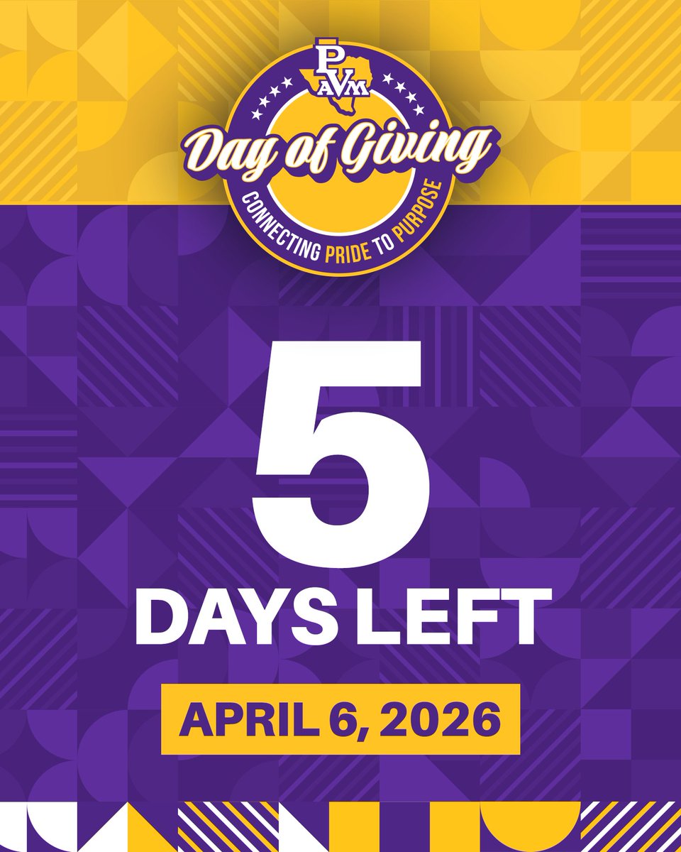 PVAMU's tweet image. 5 DAYS, Panthers!

We’re getting closer, and the energy is building!

April 6th is our chance to do what Panthers do best, show up and show out!

Can't wait? Donate today: bit.ly/4bwtkJC

#5Days #PantherPride #ConnectingPrideToPurpose
