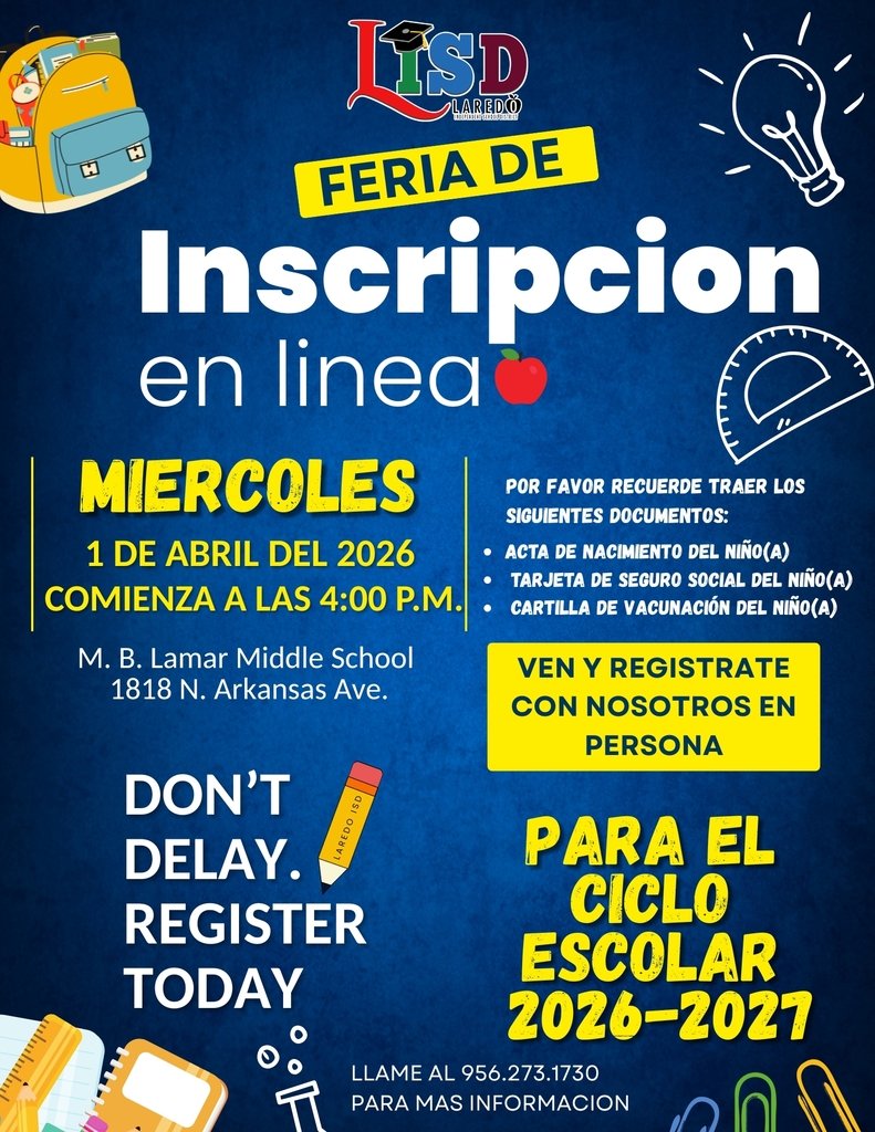 JCMartinESLISD's tweet photo. 🚨WE'RE AT LAMAR MIDDLE SCHOOL! REMINDER: OPEN TO ALL LISD SCHOOLS 🚨Laredo ISD is hosting an Online Registration Fair for the 2026–2027 school year, and we’re here to help every step of the way!

#lisdtheplacetobe https://t.co/bpan2MNdEo