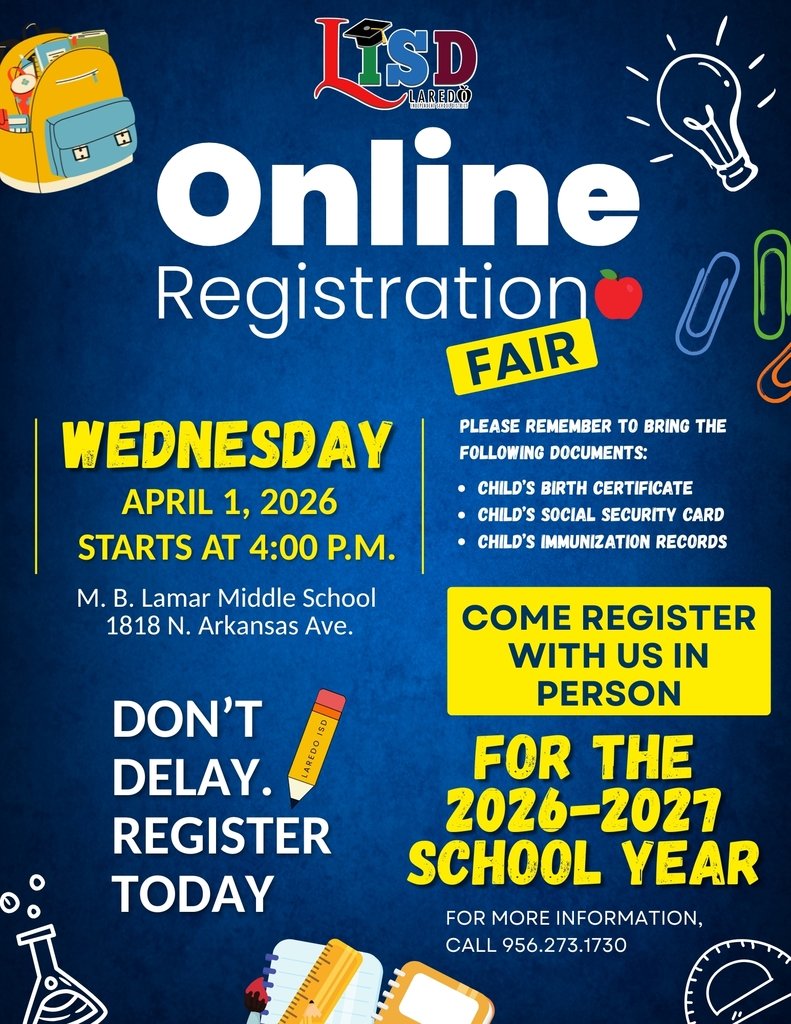 NjohnsonPierce's tweet photo. 🚨WE'RE AT LAMAR MIDDLE SCHOOL! REMINDER: OPEN TO ALL LISD SCHOOLS 🚨Laredo ISD is hosting an Online Registration Fair for the 2026–2027 school year, and we’re here to help every step of the way!

#lisdtheplacetobe https://t.co/PRn8Elrc6O