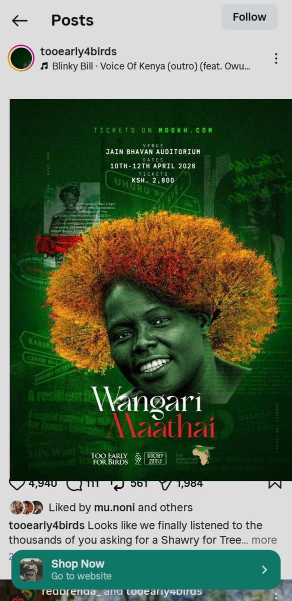 So I co-wrote a play about an extraordinary woman. Wangari Maathai. Shujaa and all around Superwoman. Get your tickets!