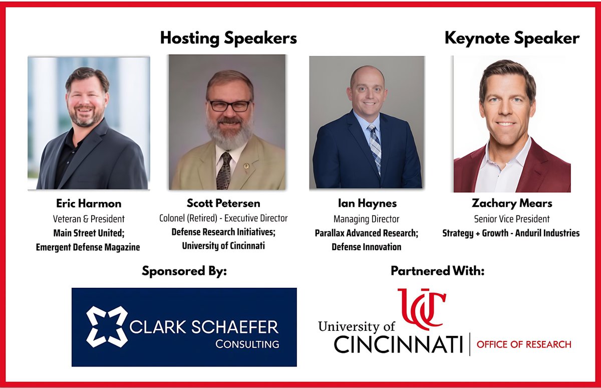 EmergentDefense's tweet photo. Why attend the Emergent Defense Forum?

• Hear from industry leaders
• Explore AI, autonomy &amp; cyber
• Build powerful connections
• Gain big-picture insights

📍 April 14 | University of Cincinnati Digital Futures Building

🔗 https://t.co/5iI3JEdJpV https://t.co/rEvbnNUIwQ