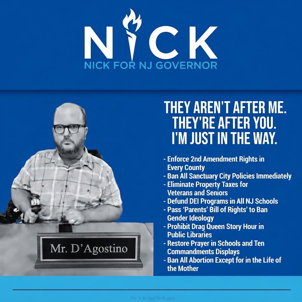 realNickDags's tweet image. New Jersey is on life support! Let’s REVIVE THE GARDEN! 🤝 🙏 🏥 

#Nick2029 #NickForNewJersey ￼#Conservative ￼#Christian #prolife #2A #AprilFools #AprilFoolsJoke #MAGA #TPUSA #NJ