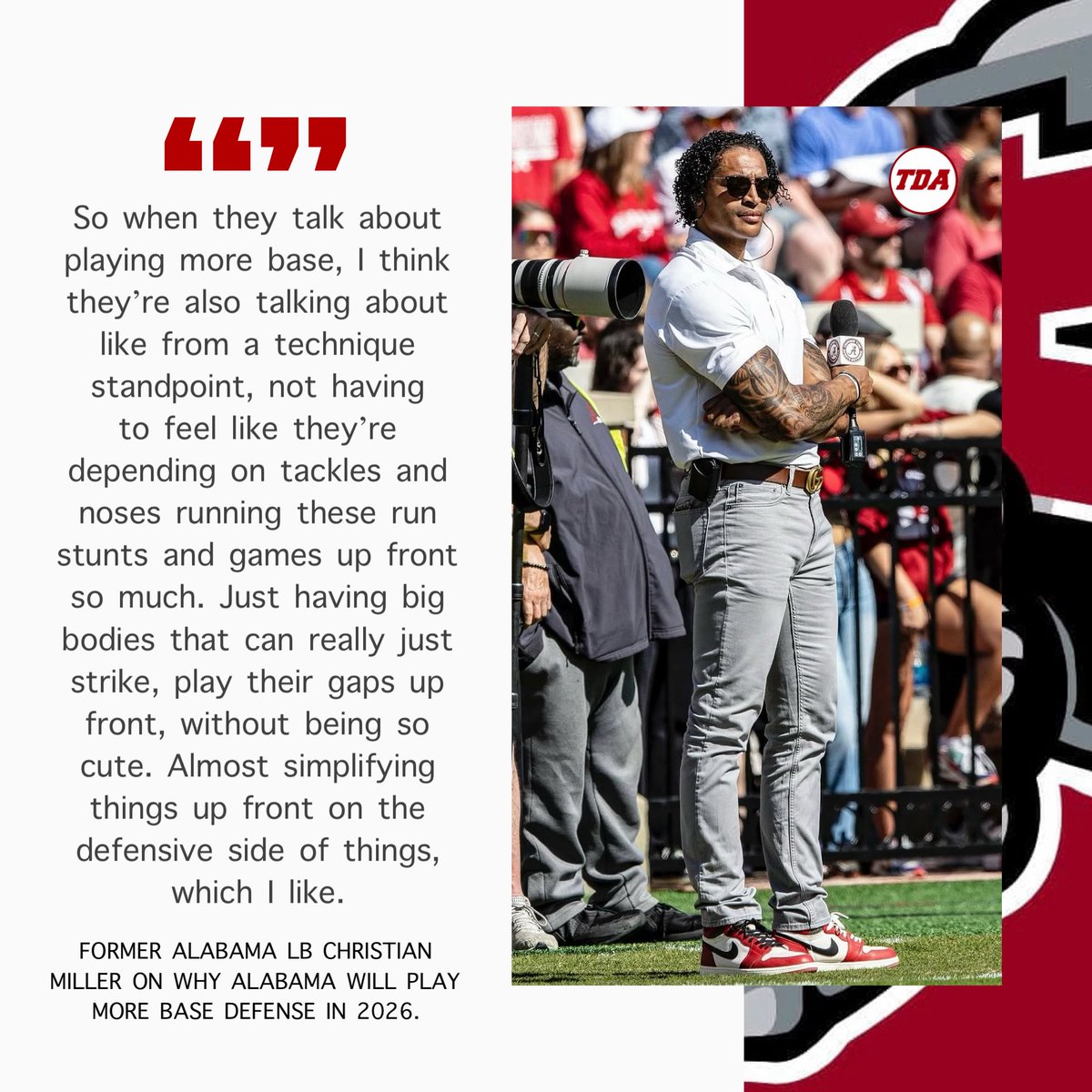 Former Alabama LB Christian Miller tells why he believes Alabama will run more base defense with bigger lineman next season. 👀

Via: <a href="/TheMillersEdge/">The Millers’ Edge</a> 

tdalabamamag.com/2026/04/01/for…