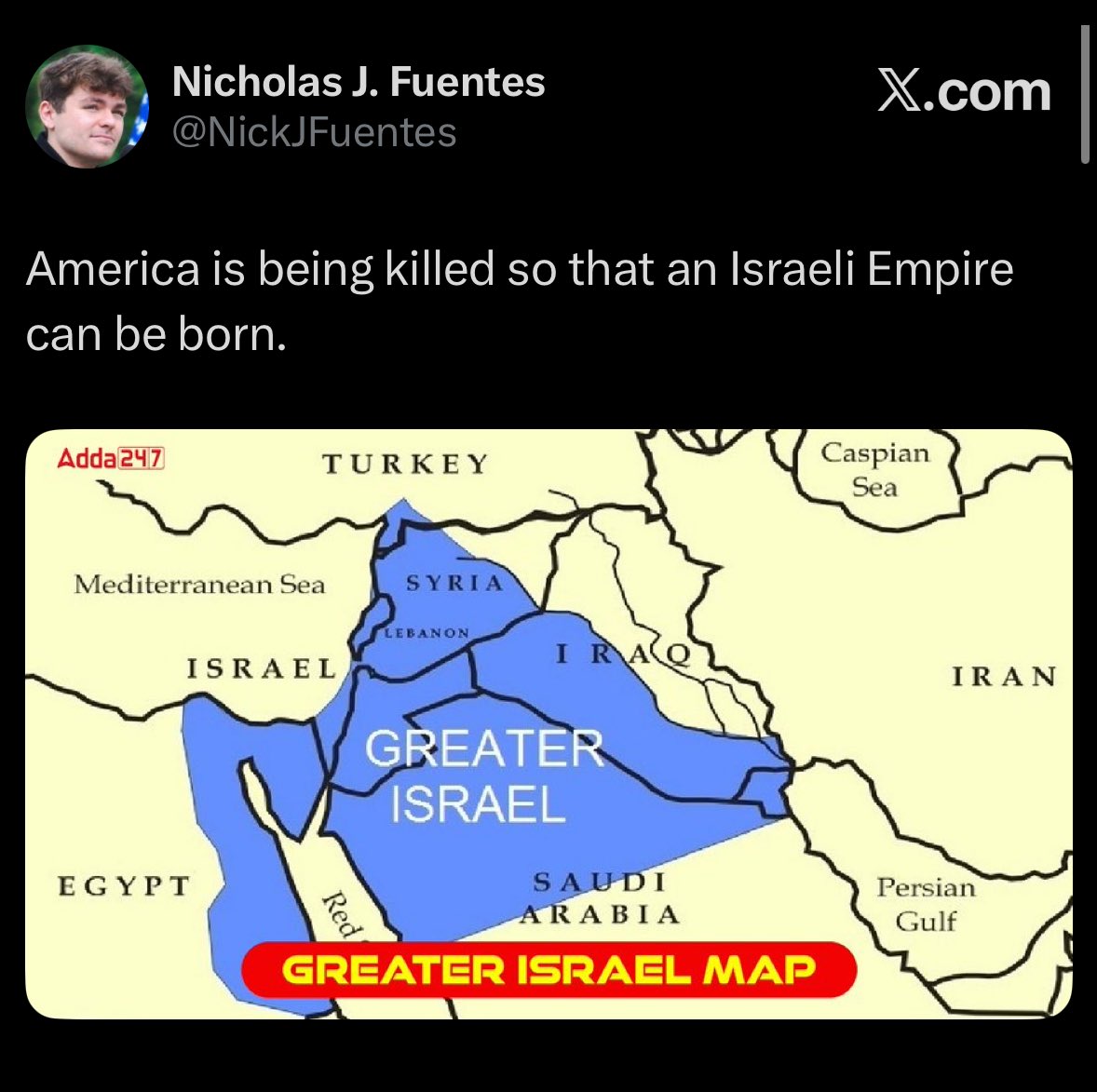 TeAmoElonMusk's tweet photo. There it is. The war wasn't started for defensive reasons

We're trillions in debt, yet Trump still decides to sacrifice our soldiers at the behest of another country

I have to give credit to @NickJFuentes for being the only person pointing that goal out https://t.co/WThwO0aVJz