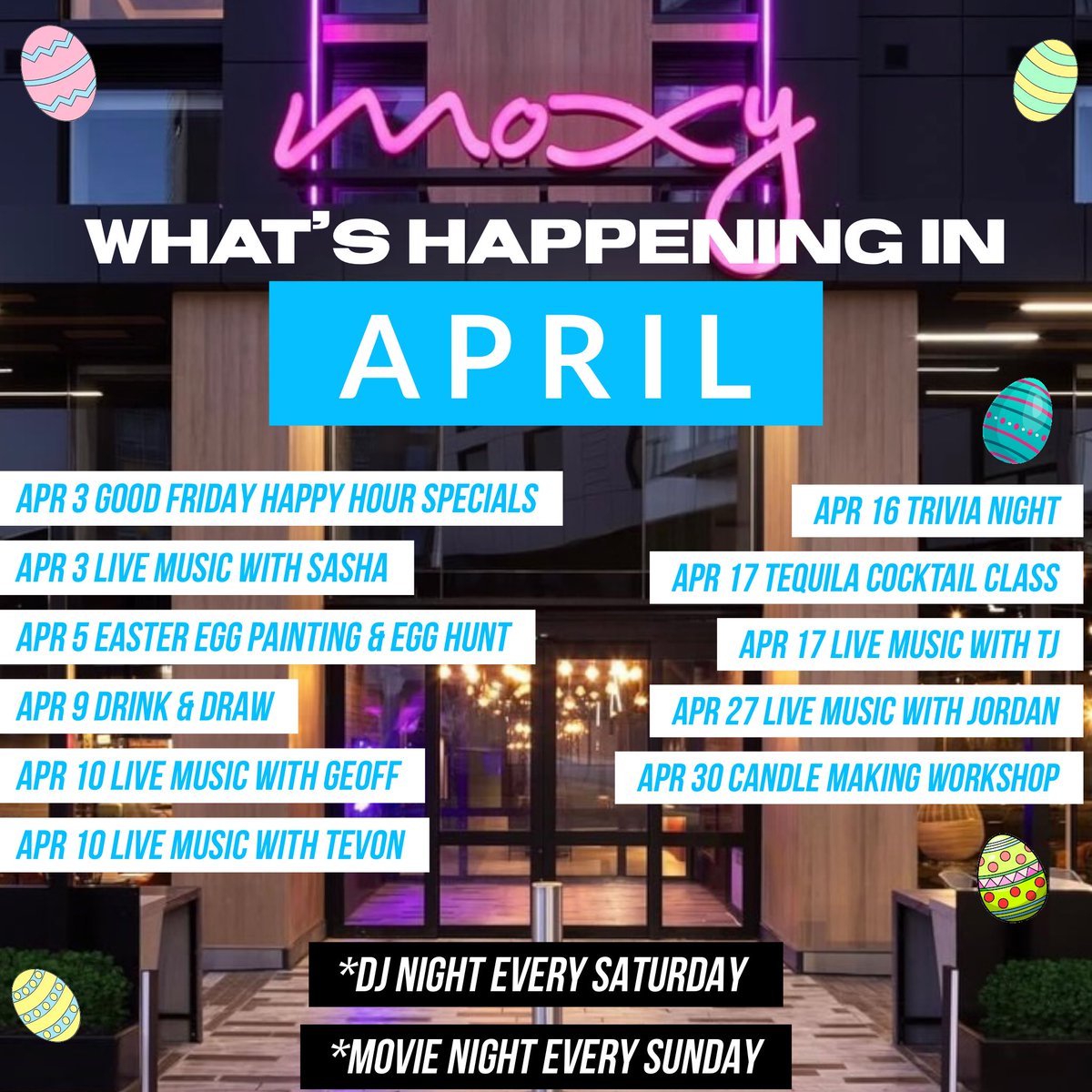 halifaxmoxy's tweet photo. The Easter Bunny isn’t the only thing hopping into Moxy this April… 
🥂🎤🎧🐰🐣🥚🎥 🍺✍️ 🎸 📝 🍹 🕯️🪩
Apr 3 - 12pm-8pm. Good Friday Happy Hour Specials 🥂 
Apr 3 - 8pm. Live Music with Sasha Brideau 🎤
Apr 4 - 9pm-12am. DJ night 🎧
Apr 5 - Easter Sunday. Easter Egg Painting & Egg Hunt. 🐰 🐣 🥚 
Apr 5 -  6:30pm. Movie Night. Chickenhare and the Hamster of Darkness 🎥
Apr 9 -  7pm. Drink & Draw 🍺 ✍️ 
Apr 10 - 4pm. Live Music with Geoff Kennedy 🎵 
Apr 10 - 8pm. Live Music with Tevon Tynes 🎸
Apr 11 - 9pm-12am. DJ night 🎧
Apr 12 - 6:30pm. Movie Night. Watership Down 🎥
Apr 16 - 7pm. Trivia Night 📝
Apr 17 - 7pm. Tequila Cocktail Class with Hornitos/Aaron Malley. 🍹 
Apr 17 - 8pm. Live Music with TJ Myers 🎤 
Apr 18 - 9pm-12am. DJ night 🎧
Apr 19 - 6:30pm. Movie Night. Farmageddon 🎥
Apr 25 - 9pm-12am. DJ night 🎧
Apr 26 - 6:30pm. Movie Night. Leo 🎥
Apr 27 - 8pm. Live Music with Jordan Leblanc 🎸 
Apr 30 - 6pm. Candle Making Workshop with Brave Art 🕯️ 
*Movie night every Sunday at 6:30pm 🎥 🍿
*DJ night every Saturday at 9pm 🎵 🪩
#halifax #halifaxns #moxyhotels #halifaxevents #atthemoxy #novascotia