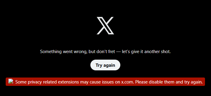 OnlySparked's tweet photo. " Some privacy related extensions may cause issues on https://t.co/y3h8seb8Aj, Please disable them and try again. " 

HAHAHAHA IM DYING 😭😭 https://t.co/uQt1KEAasL
