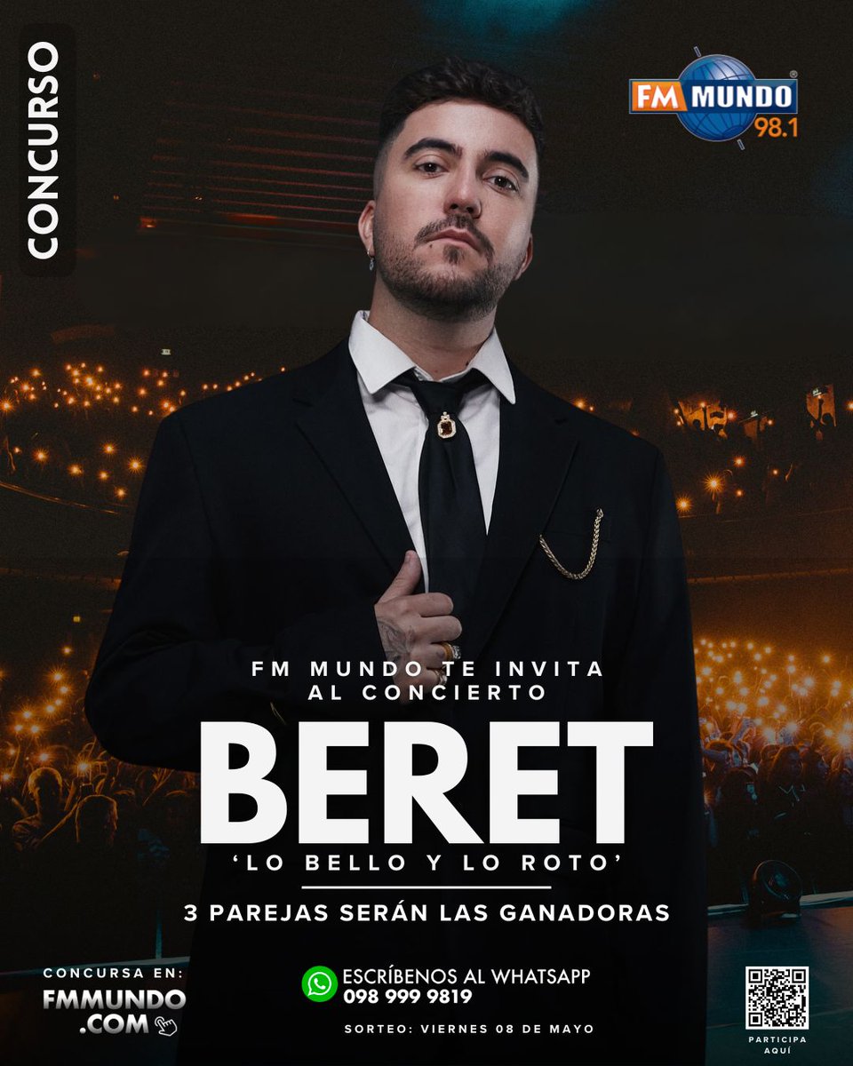 fmmundo's tweet image. ¡Un concierto imperdible! 💙✨
#FmMundo invita a 3 parejas al concierto de #BERET

📍 Viernes 08 de mayo - Teatro Nacional CCE - 20h00

Inscríbete en:
📲 098 999 98 19
🌐 fmmundo.com/especiales/con…

#FmMundo, 100% digital