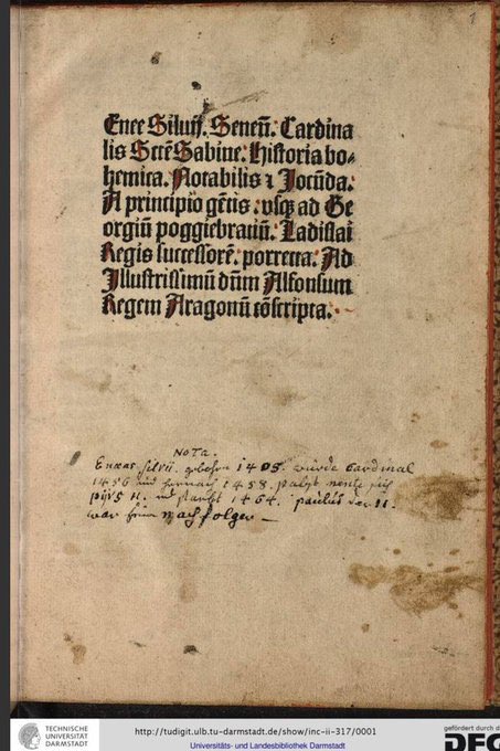 jdmccafferty's tweet image. 1 Apr 1493: John Colet future humanist Dean of St Pauls London &amp;amp; founder of the cathedral school there sends his friend Christopher Urswick a print copy of Piccolomini's [Pius II] 'Historia Bohemica' - about the Hussites - from #Rome #otd  (Royal Collection, HMCIII/Darmstadt)