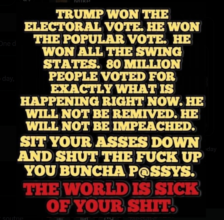 cat_barnes30's tweet photo. The only thing I'd change on this meme is that Donald Trump "officially" got 77.3 million votes. 

I'm pretty sure this is exactly how most of us on the right feel.

Liberals, we're really sick of your shit. We've tolerated your nonsense for far too long. There's simply no logic or common sense to your ridiculous "causes." You've fucked up the planet enough.

I don't give a rat's ass how much you "think" you hate Donald Trump.

He's doing the job that should have been done decades ago. We just never had a leader with the balls to even try.

He is what a REAL leader looks like. Suck it up, buttercups. We've got this.