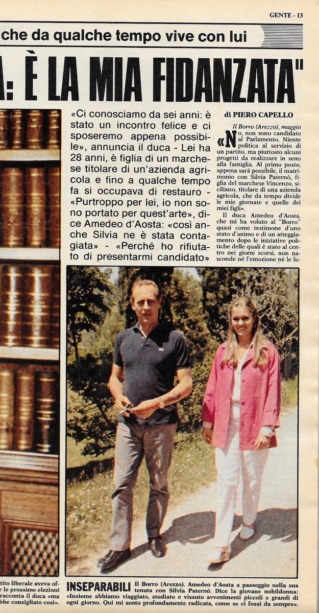 FertGiuseppe's tweet photo. Il Borro, Arezzo - maggio 1983
Amedeo d'Aosta: "Ecco la mia fidanzata"
@efsavoia
#SuccessioneCasaSavoia
#Italia #ReUmbertoII #UmbertoII #VittorioEmanuele #VittorioEmanuelediSavoia #Savoia #CasaSavoia #SavoiaAosta #AmedeodiSavoiaAosta #SilviaPaternòdiSpedalotto #SilviaPaternò https://t.co/NyaDWW7gZT