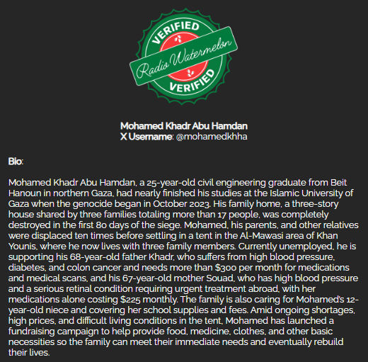 RadioWatermelon's tweet photo. 🚨The last donation was 12 days ago🚨

Mohamed Khadr Abu Hamdan's Family
#VerifiedByRadioWatermelon
🖇️: https://t.co/RXCvcmmtyD
Please donate and share
You won’t end the war
But you can end someone’s hunger https://t.co/pO3mRwbmGI
