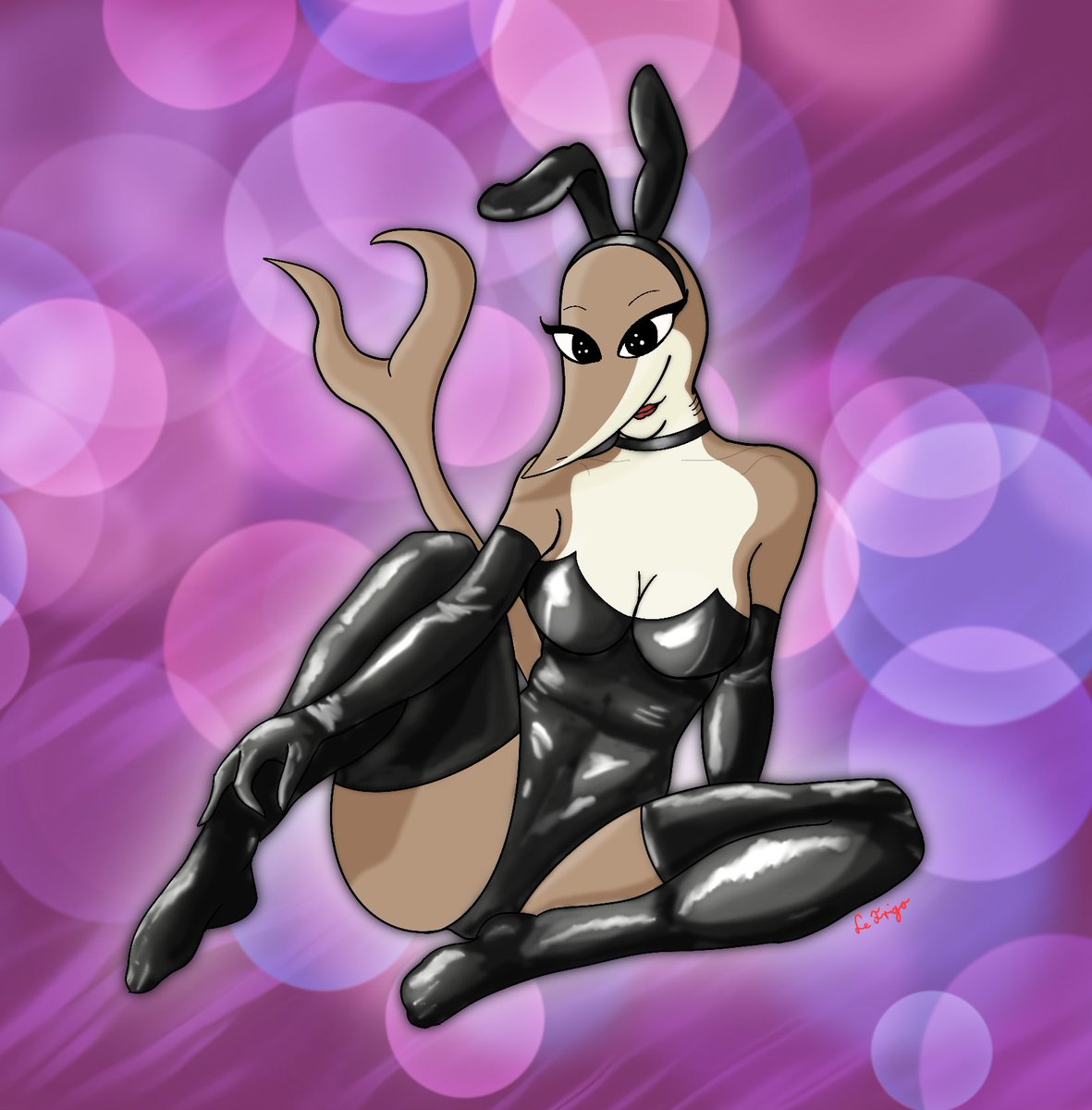 Nancy Thresher picking up some new shiny outfit for the occasion 😊
OC is from: <a href="/nancytheshark/">Nancy the angelshark🦈🪽</a> 

#bunnyoutfit #furry #furryart #latex