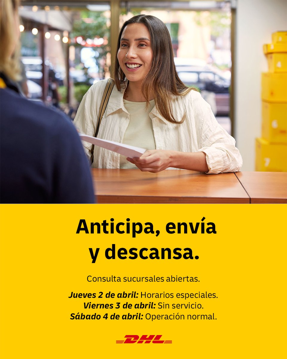 DHLMex's tweet photo. ¡Anticipa tus envíos de Semana Santa! 📦 Revisa los horarios de nuestras tiendas DHL México para este jueves 2 y viernes 3 de abril. El sabádo 4 de abril la operación normal.
Revisa aquí
https://t.co/HPnufgWC9j
#DHL #Operacion #Horario #Apertura https://t.co/3ULyDBjYcV