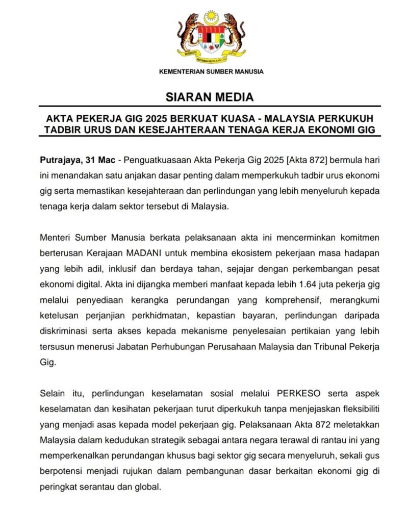 faridaffy's tweet photo. Siapa kat sini Grab rider, freelancer, content creator, etc?

Nak share something dengan korang ni, yang sekarang ada akta baru untuk melindungi pekerja gig.

Akta Pekerja Gig 2025

Antara main benefits Akta ni: https://t.co/CuMxMvuWk7