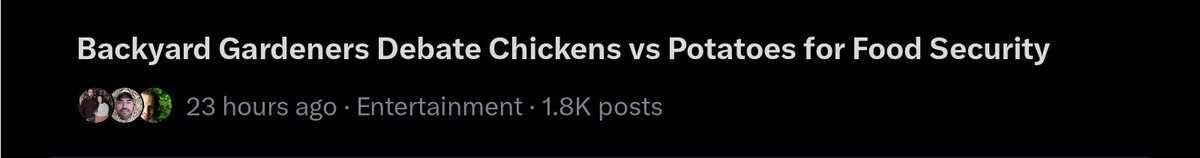 SettleIt's tweet photo. Glad to see people talking food and I'm obviously #PotatoStrong all day but if you can get chickens do that too. Okay now everyone manifest a hot debate on *community* gardening cause this is not an individual type problem to address https://t.co/9vYjBJWisM