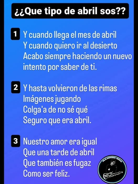 Llegó abril y con ello la pregunta.... ¿Qué tipo de abril sos?
Los leemos.... @alejandrosanz
Hoy no es jueves pero... #JugáConBailo #JuegaConBailo #LoVes #RegalameLaSillaDondeTeEspere #ComoTeEchoDeMenos