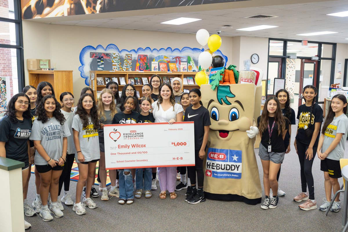 FortBendISD's tweet photo. Big congratulations to @sms_jaguars amazing seventh grade counselor, Emily Wilcox! 

She is a finalist for the 2026 H-E-B Excellence in Education Awards—an incredible honor recognizing educators who go above and beyond for their students and communities.

She was surprised on campus today by H-E-B representatives with a $1,000 check.

As a finalist, she advances to compete at the state level, where she has the chance to win $10,000 and an additional $15,000 for her school. Winners will be announced in May.

We’re so proud of you, Ms. Wilcox—thank you for the difference you make every day! @HEBexcellence