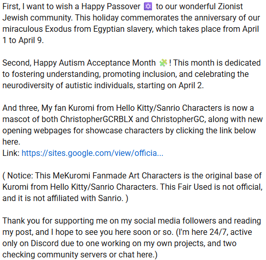 I have a few updates to share, even though my activity has been limited recently and may change soon. It mostly depends on when new video content posts are ready.

signed: ChristopherGC