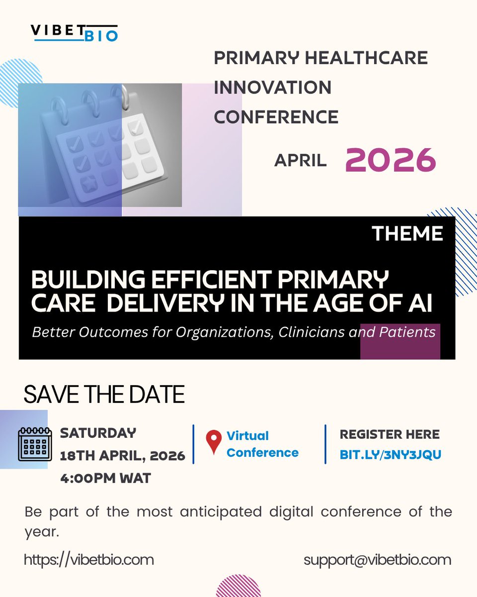 vibetbio's tweet photo. Primary Health Care is the backbone of our system — but it faces real challenges daily.
We’re bringing leaders, decision-makers, and innovators together to discuss the future of PHC in Nigeria.

Register now:
https://t.co/HuEOsEXdnn

#primarycare #healthcare #PHCNigeria #vibetbio https://t.co/7TLHf49XjZ