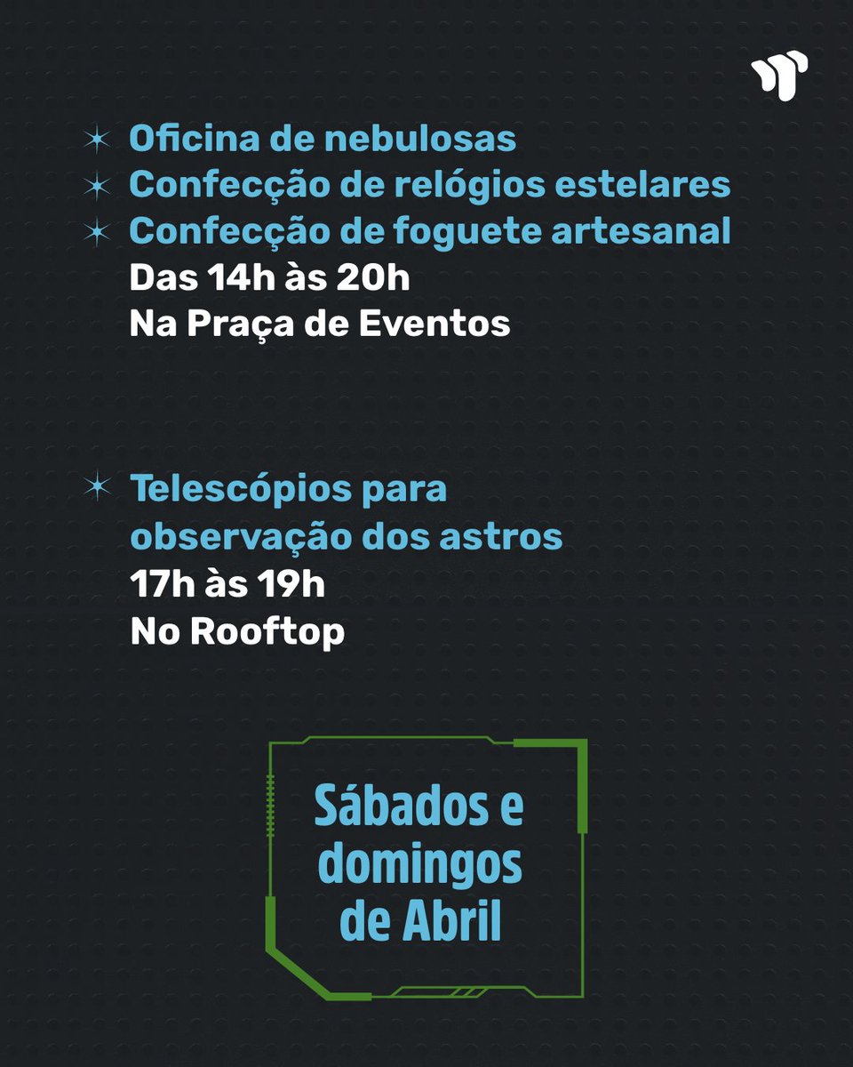 Viva uma experiência que vai além do olhar no Taca.

Durante os finais de semana de abril, tem Oficinas de Ciências, observação com telescópio no Rooftop e a Nave Planetária UP a partir de 03/04.🚀🌙

Diversão, aprendizado e momentos especiais para toda a família. 💙 #VemProTaca