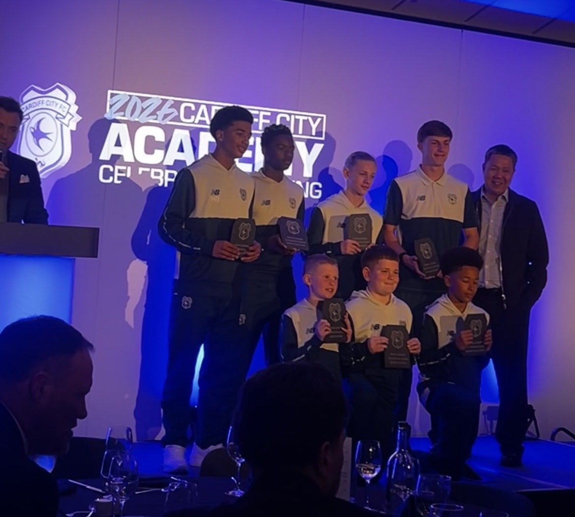 CordyRuth's tweet photo. What a fantastic evening at the Cardiff City Academy celebration evening. Unbelievably proud mum…..voted by his team mates U10 Rising Leader award driving high standards within his team, positively influencing the team and has a team first attitude ……my boy….George Cordy🥺🤩 https://t.co/Thm2viu788