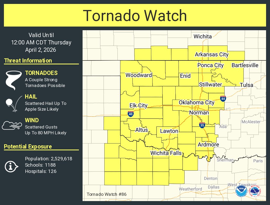 NWStornado's tweet photo. A tornado watch has been issued for parts of Kansas, Oklahoma and Texas until 12 AM CDT https://t.co/yrvLohtMmv