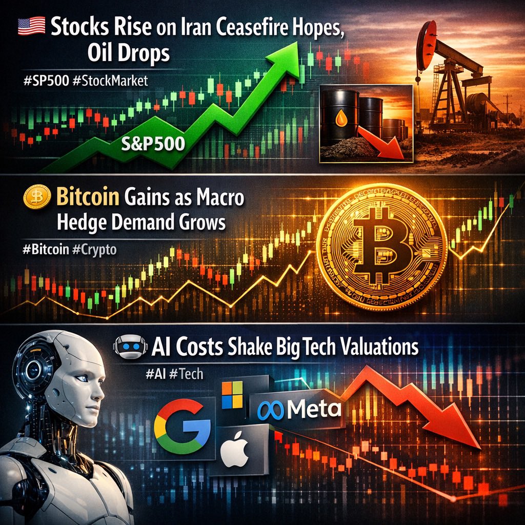 🇺🇸 Stocks rise on Iran ceasefire hopes, oil drops #SP500 #StockMarket 
🪙 Bitcoin gains as macro hedge demand grows #Bitcoin #Crypto 
🤖 AI costs shake Big Tech valuations #AI #Tech