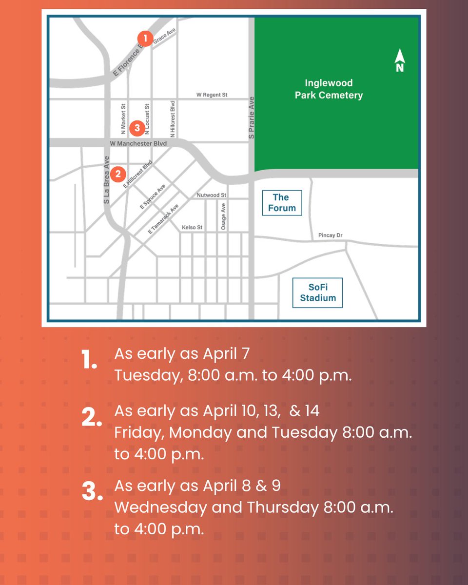itcchampions's tweet photo. 👷‍♂️ Investigative boring work may occur in the coming weeks to assess underground conditions.
📍 Florence &amp; Market • La Brea &amp; Nutwood • Kelso St Lot • Lot 10 (Market &amp; Manchester)
Mon–Fri, 8am–4pm. Minor noise &amp; temporary lane/parking impacts. Access maintained.
#ITC https://t.co/q0sYolm5wm