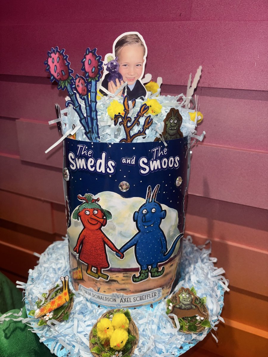 19smith94's tweet photo. Freddie's request this year for his Easter bonnet was "The Smeds &amp; The Smoos."

It's been his school topic for the last while &amp; yesterday he had his wee showcase which he was amazing at, he's buzzing to go into school tomorrow🥹🩵

#thesmedsandthesmoos #juliadonaldson https://t.co/pGzXt97NeH