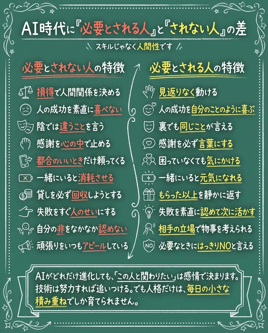 心から必要とされる人の特徴
・見返りなく動ける
・人の成功を自分のことのように喜ぶ
・裏でも同じことが言える
・感謝を必ず言葉にする
・困っていなくても気にかける
・一緒にいると元気になれる
・もらった以上を静かに返す
・失敗を素直に認めて次に活かす
・相手の立場で物事を考えられる