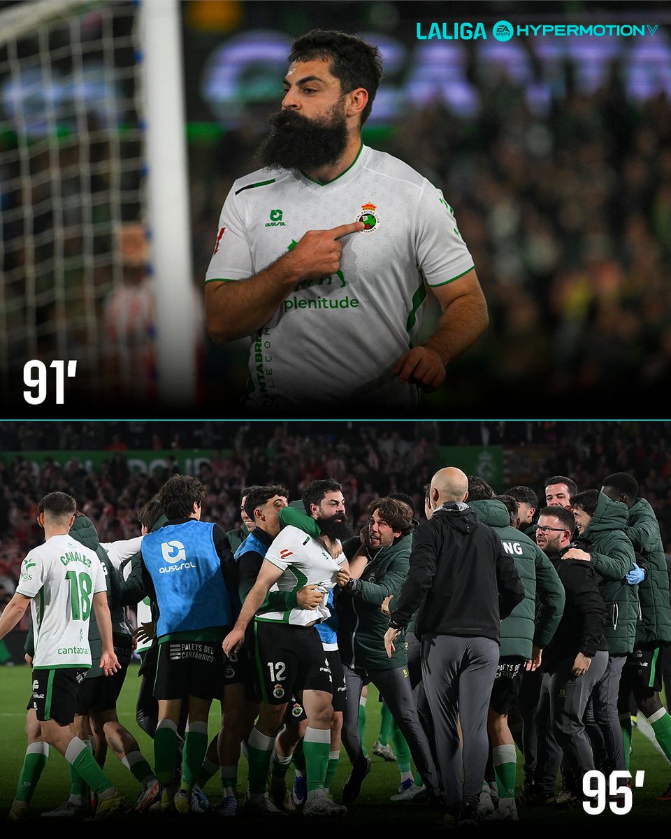 LaLiga2's tweet photo. Un búfalo a punto del llanto tras la victoria verdiblanca.

💚 La ilusión de Asier Villalibre es la ilusión del @realracingclub.

#LALIGAHYPERMOTION | #RacingRealSporting https://t.co/2Xq9s34a65