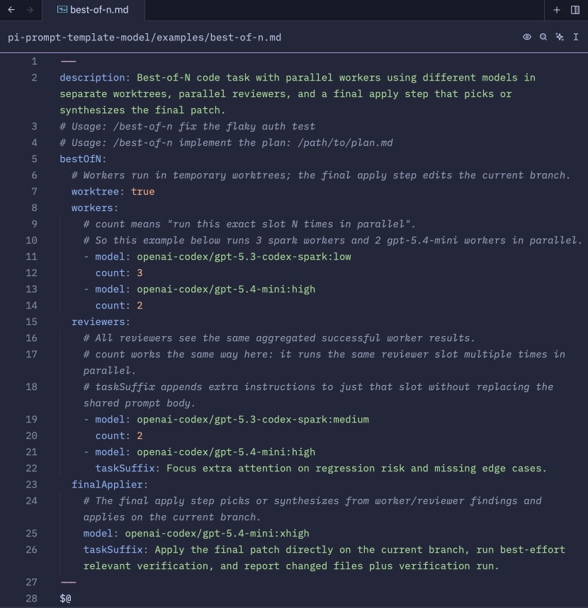 nicopreme's tweet photo. New in pi-subagents: fully customizable best-of-N workflows.

Run the same task across different models in separate worktrees in parallel, automatically pass results to parallel reviewers, then apply the winner to your branch.

Create your own "best-of-N" prompt template (requires pi-prompt-template-model), or just ask Pi to run with parallel subagents in worktree mode.

pi install npm:pi-subagents
https://t.co/CbY36IKZ3z
 
pi install npm:pi-prompt-template-model
https://t.co/x4PiCyr6XG
