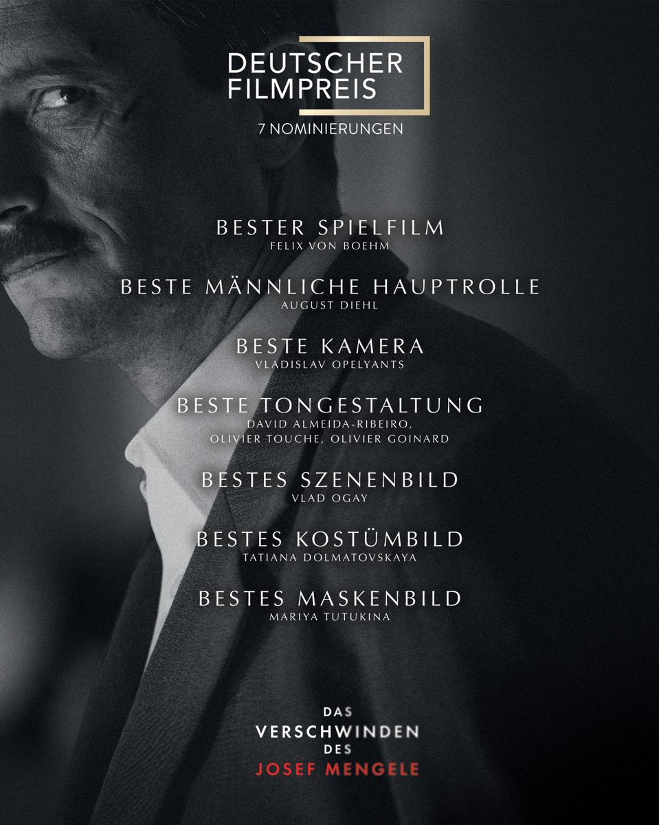 loremipsumcorp's tweet photo. Thrilled to share that The Disappearance of Josef Mengele, directed by Kirill Serebrennikov, has received 7 nominations at the German Film Awards (Deutscher Filmpreis) — often considered the German equivalent of the Oscars.

Our nominations include:
– Best Feature Film
– Best Actor (August Diehl)
– Best Cinematography
– Best Sound
– Best Production Design
– Best Costume Design
– Best Makeup 

Proud to be part of this and deeply grateful to the entire team who brought the film to life.
