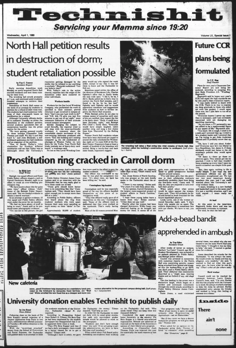 OldRowOfficial's tweet photo. The NC State school paper Technician - April 1, 1980 https://t.co/XIVG0btiXQ