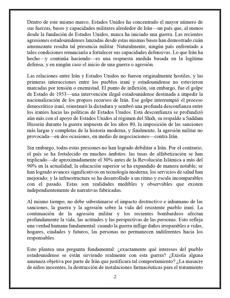 ana_m_delatorre's tweet photo. CARTA DEL PRESIDENTE DE IRÁN, MASUD PEZESHKIÀN. Lectura recomendada. https://t.co/5cwVcNBYFQ