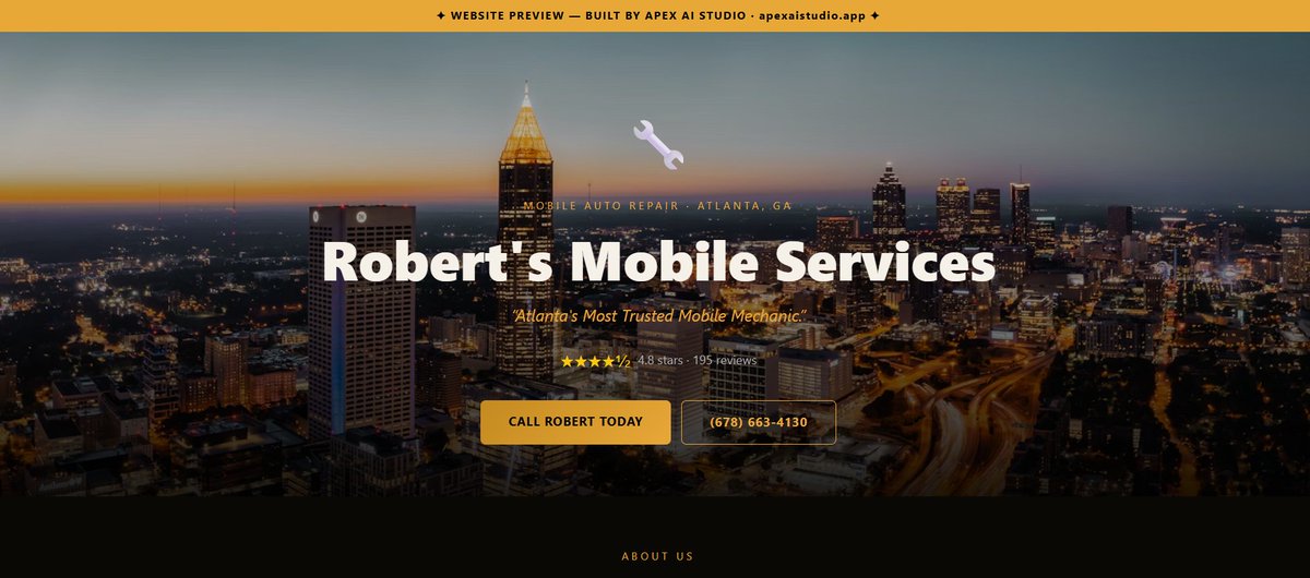 ApexAIStudio's tweet photo. Built a preview site for a mobile mechanic in Atlanta with 195 Google reviews and no website.

A real website would put his phone number in front of every person searching "mobile mechanic Atlanta."

Check it out: https://t.co/R5jAEl1l0z https://t.co/Iu1MpYdBrr