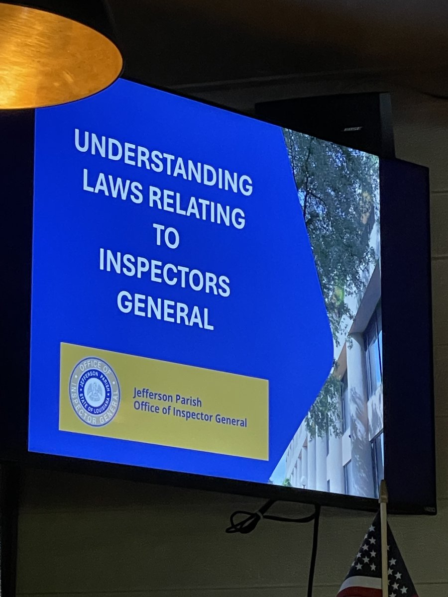 JPOIG's tweet photo. This week, IG Kim Chatelain spoke with members of the Legal Professionals of New Orleans (LPNO) on laws relating to IGs.

The discussion highlighted the mission and scope of the JPOIG, as well as examples of recent reports and oversight work impacting JP.

Thank you to the LPNO. https://t.co/cBV7coV8HY