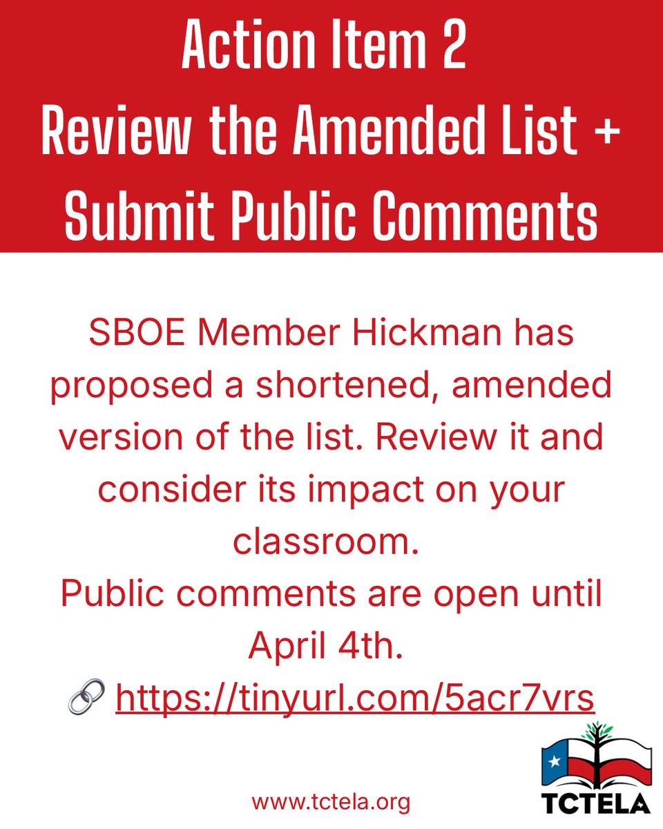 TCTELA's tweet image. The proposed SBOE reading list is on the April meeting agenda.

The research report is being finalized and will play a key role in testimony and advocacy before the SBOE.

#TCTELA #TexasTeachers #HB1605 #SBOETexas #TeacherVoice #TexasEducation
