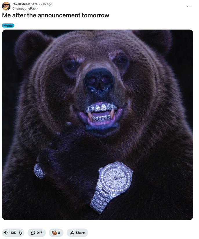 ABGQuantitative's tweet photo. Trump is about to go live, WSB thinks he will crash the market and they're making this bear meme go mega fucking viral
https://t.co/6HUU62NFzV https://t.co/zFH7BRfIWJ