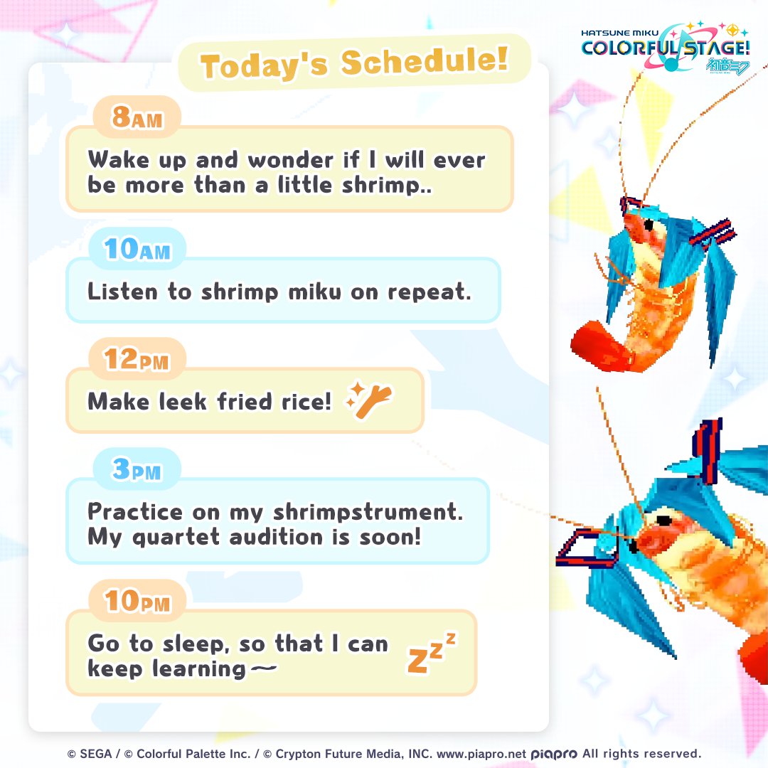 The first rule of being an international crustacean pop star?🎤🦐

Having an organized schedule!

Support shrimp miku and her dreams by sharing your high score of her new song in the comments below!