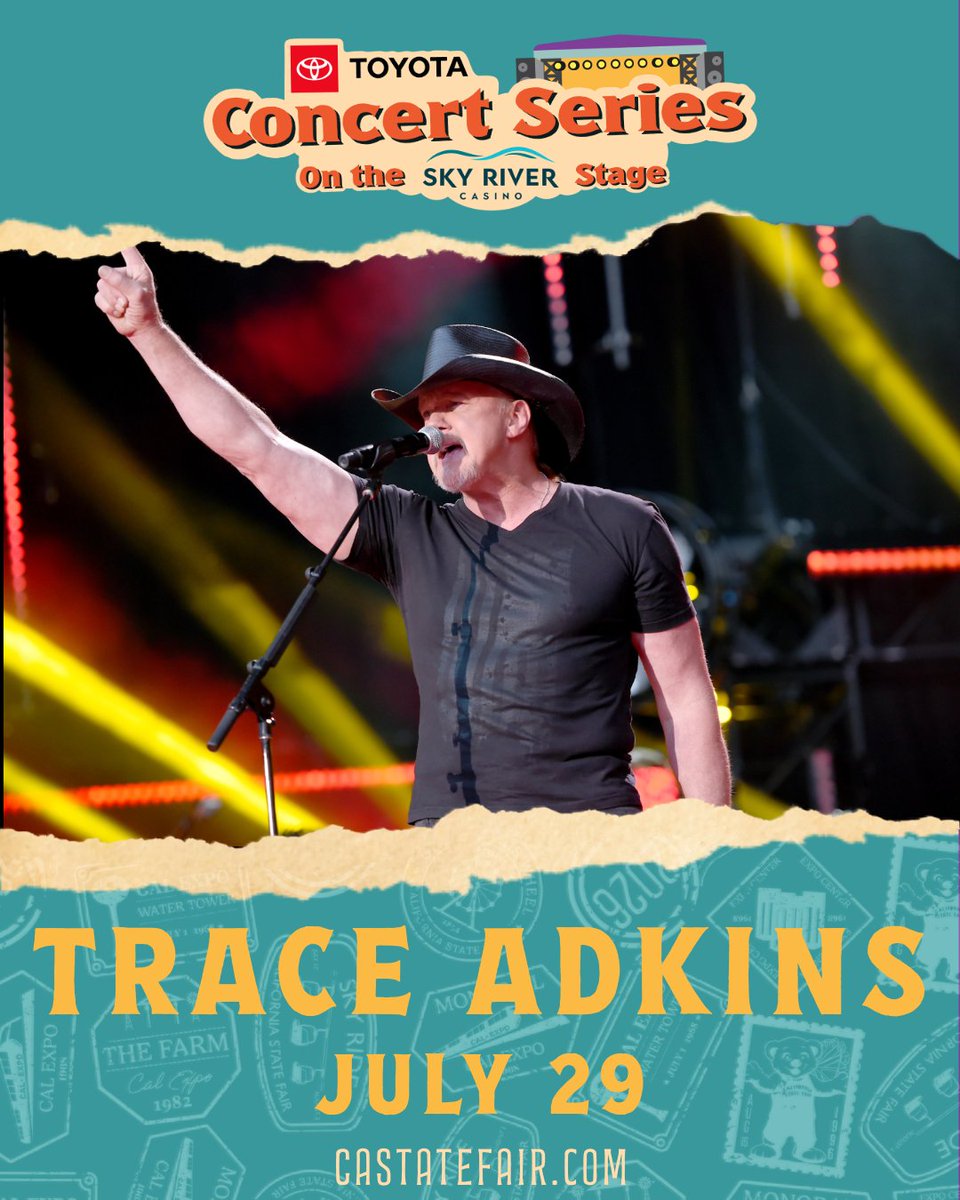 CAStateFair's tweet photo. Trace Adkins takes the Toyota Concert Series on the Sky River Casino Stage Wed, July 29! Sing along to hits you know and love. The #CAStateFair runs July 17 – Aug 2 and all concerts are FREE with general admission! https://t.co/SBVP1mrzXl

#LetsGoPlaces #SkyRiverCasino  #CSF2026 https://t.co/21wyoDkx5O