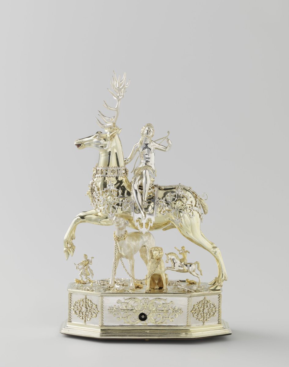 jdmccafferty's tweet image. Table automaton in the form of Diana on a stag,  Jacob Miller , c. 1613 - c. 1615.  The head of the stag may be removed and its body filled with #wine.  Whoever it rolls up to takes the first drink.  (Rijksmuseum)